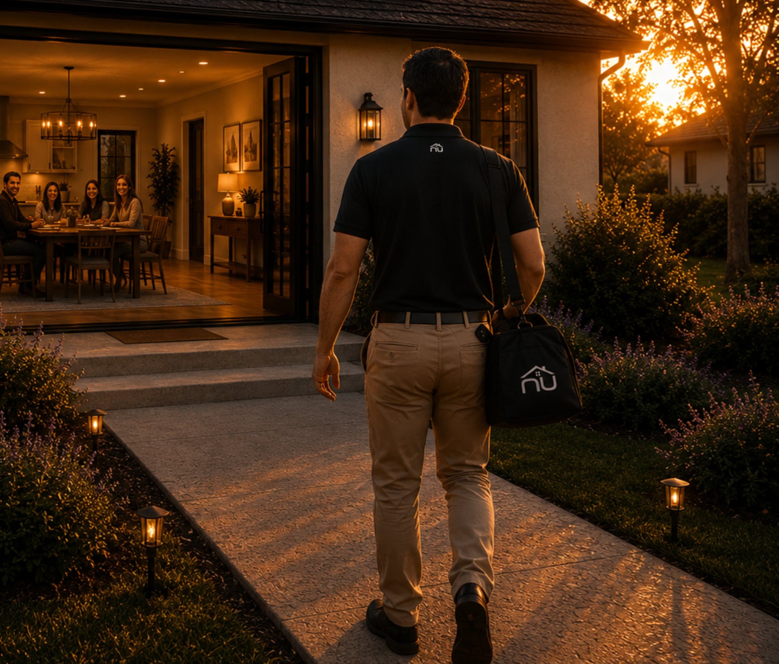 A Nu Home advisor arriving at a home at golden hour